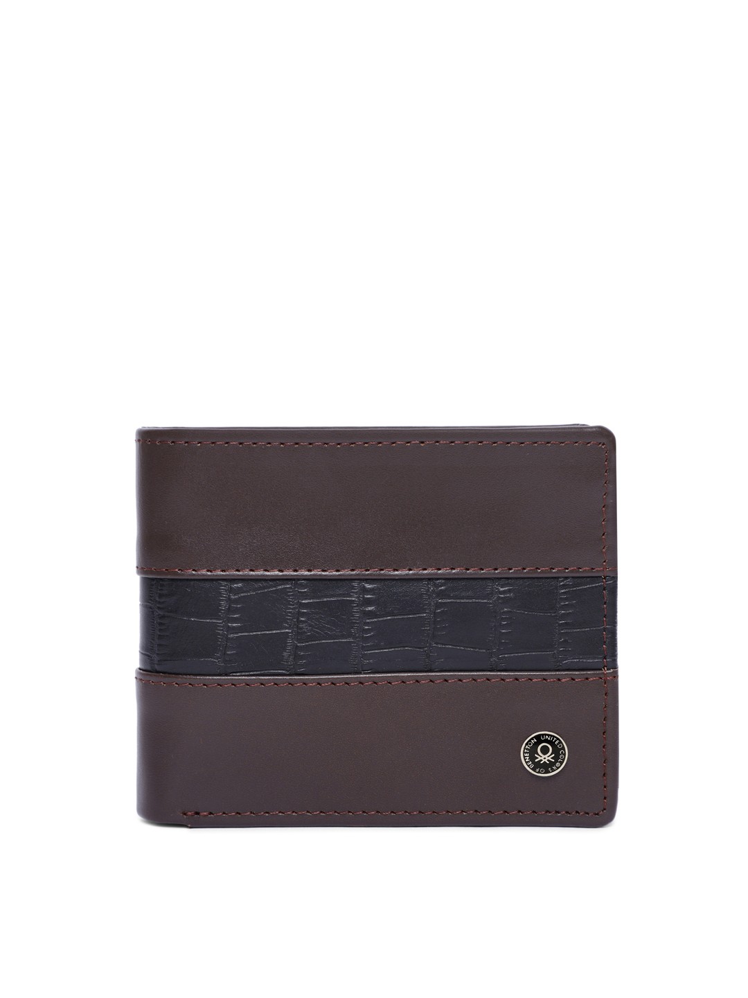 

United Colors of Benetton Men Brown & Black Textured Leather Two Fold Wallet