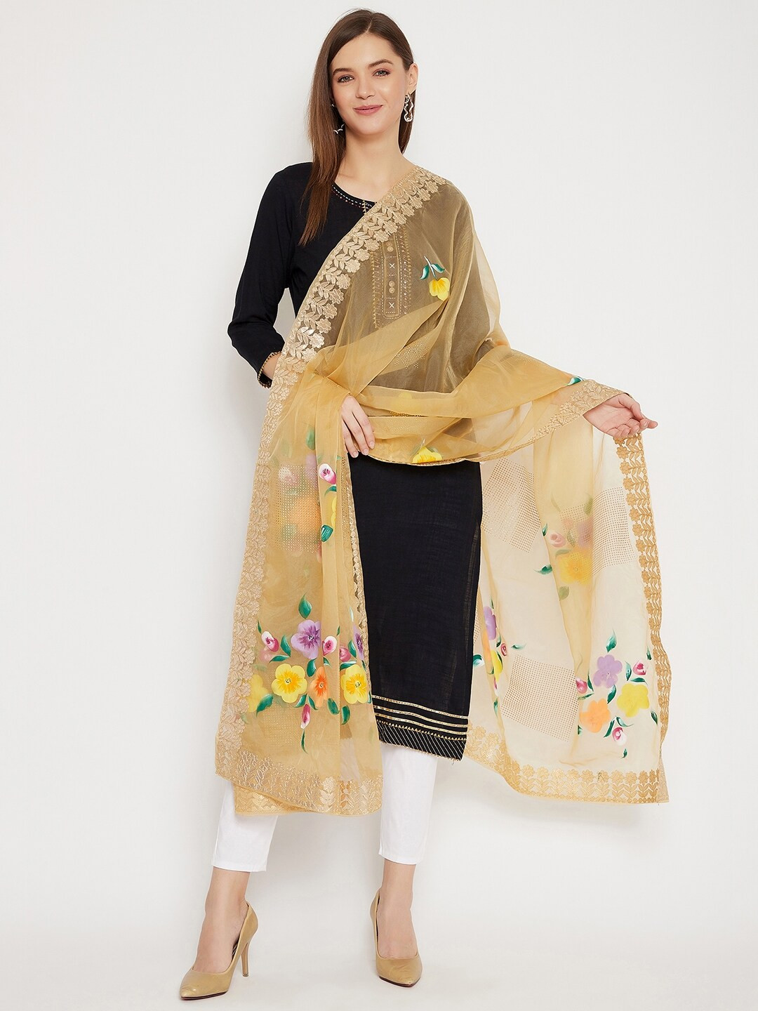 

Clora Creation Beige & Yellow Printed Organza Dupatta