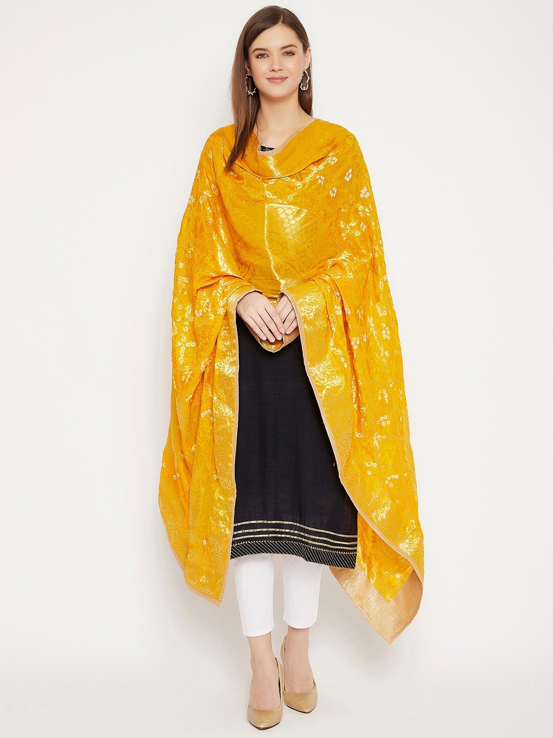

Clora Creation Yellow Woven Design Banarasi Bandhej Dupatta