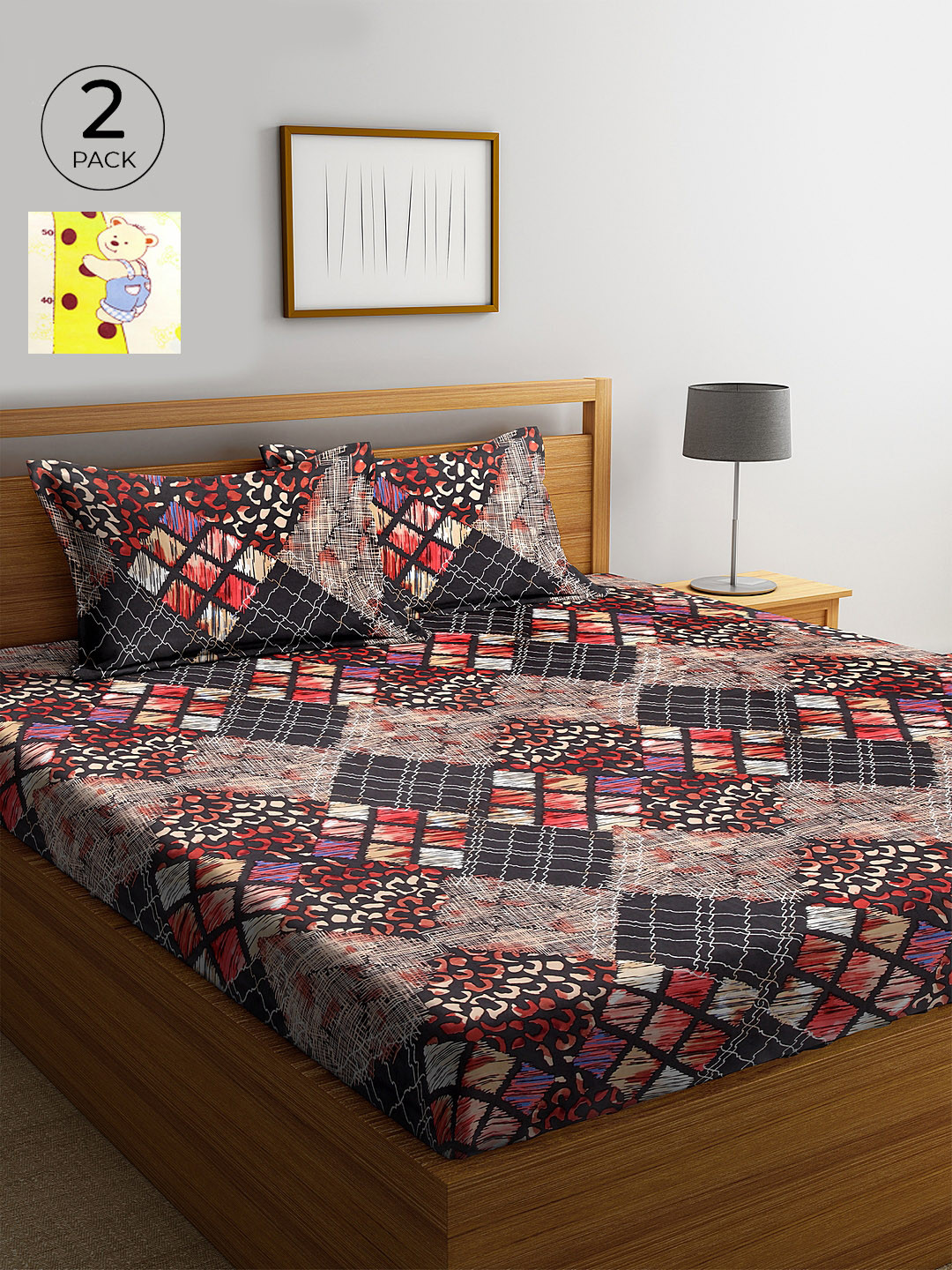 

KLOTTHE Cream-Coloured & Yellow Cartoon Characters 210 TC Cotton 2 King Bedsheet with 4 Pillow Covers