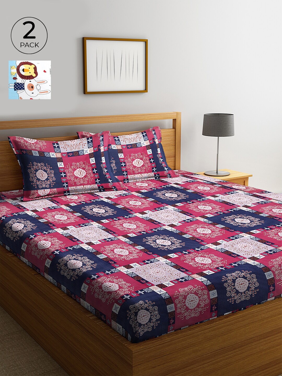 

KLOTTHE Blue & Pink Geometric 210 TC Cotton 2 King Bedsheet with 4 Pillow Covers