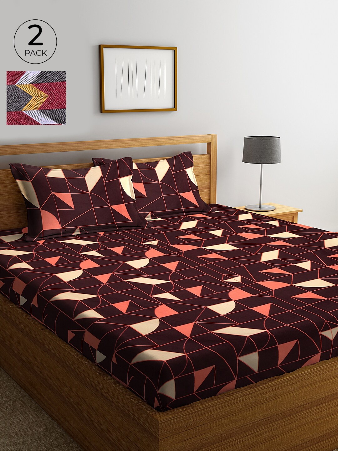 

KLOTTHE Set Of 2 Multicoloured Geometric 210 TC Cotton King Bedsheets with 4 Pillow Covers, Multi