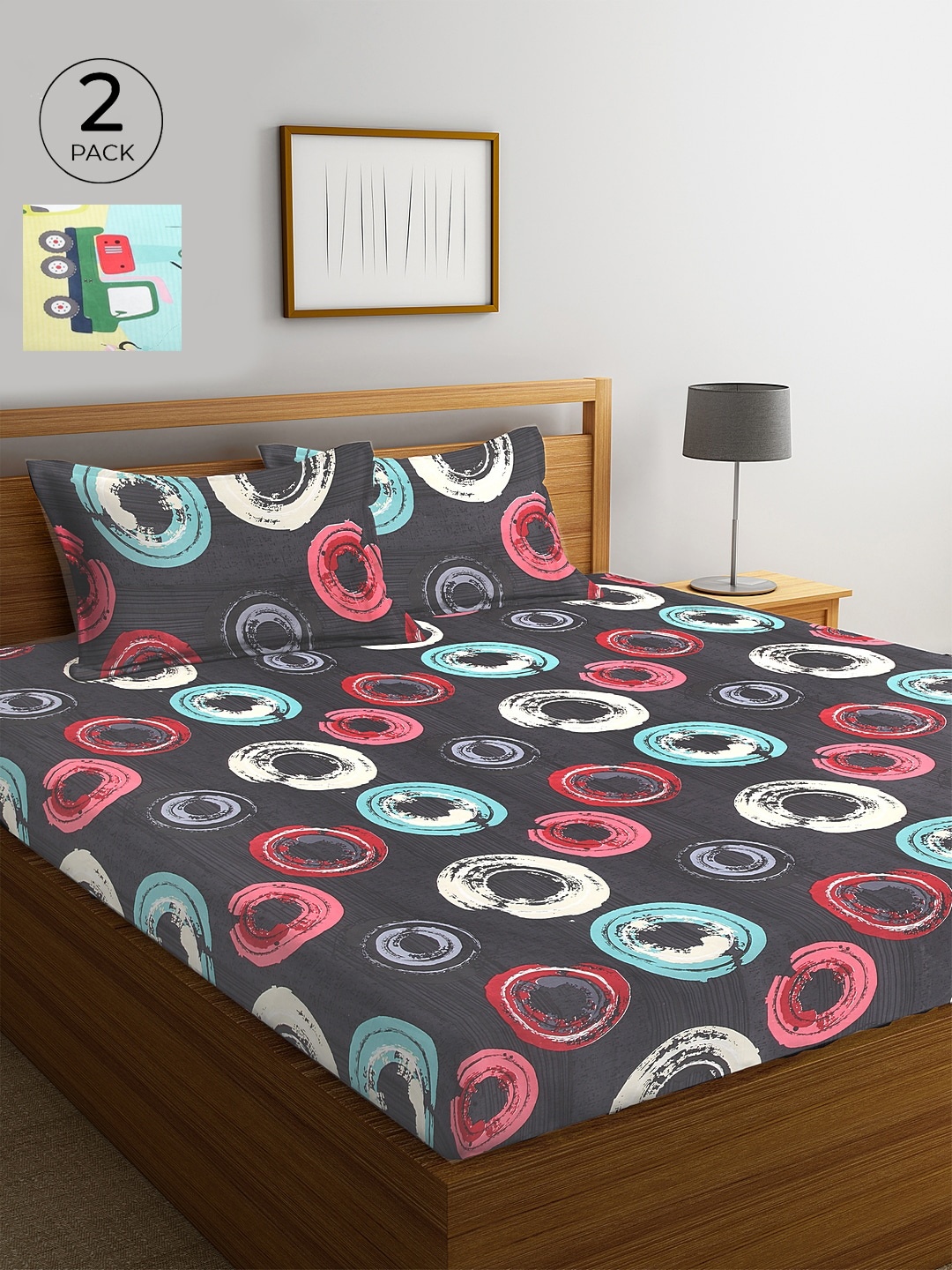 

KLOTTHE Set of 2 Yellow & Grey Geometric 300 TC King Bedsheet with 4 Pillow Covers