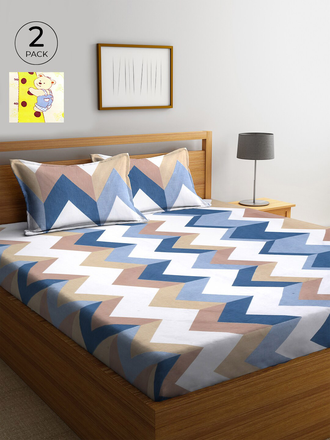

KLOTTHE Cream-Coloured & Blue Conversational 210 TC Cotton 2 King Bedsheet with 4 Pillow Covers
