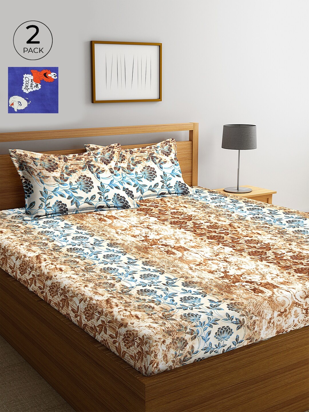 

KLOTTHE Beige & White Floral 210 TC Cotton 2 King Bedsheet with 4 Pillow Covers