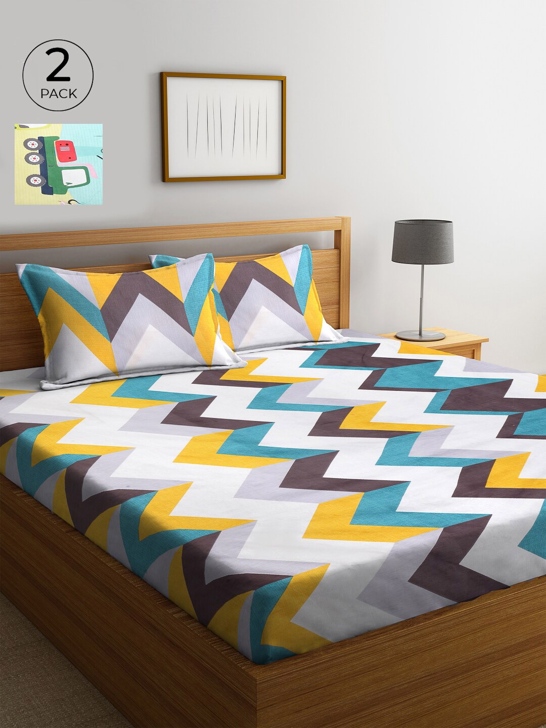 

KLOTTHE White & Blue Geometric 210 TC Cotton 2 King Bedsheet with 4 Pillow Covers
