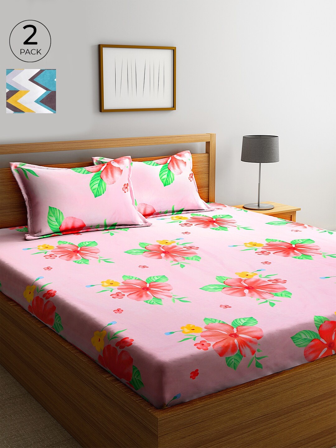 

KLOTTHE Pink & Yellow Floral 210 TC Cotton 2 King Bedsheet with 4 Pillow Covers