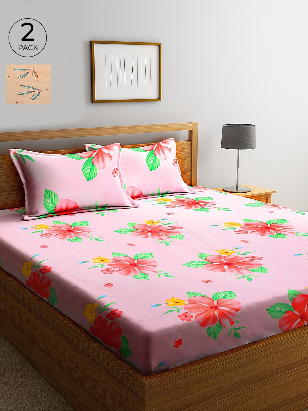

KLOTTHE Pink & Green Floral 210 TC Cotton 2 King Bedsheet with 4 Pillow Covers