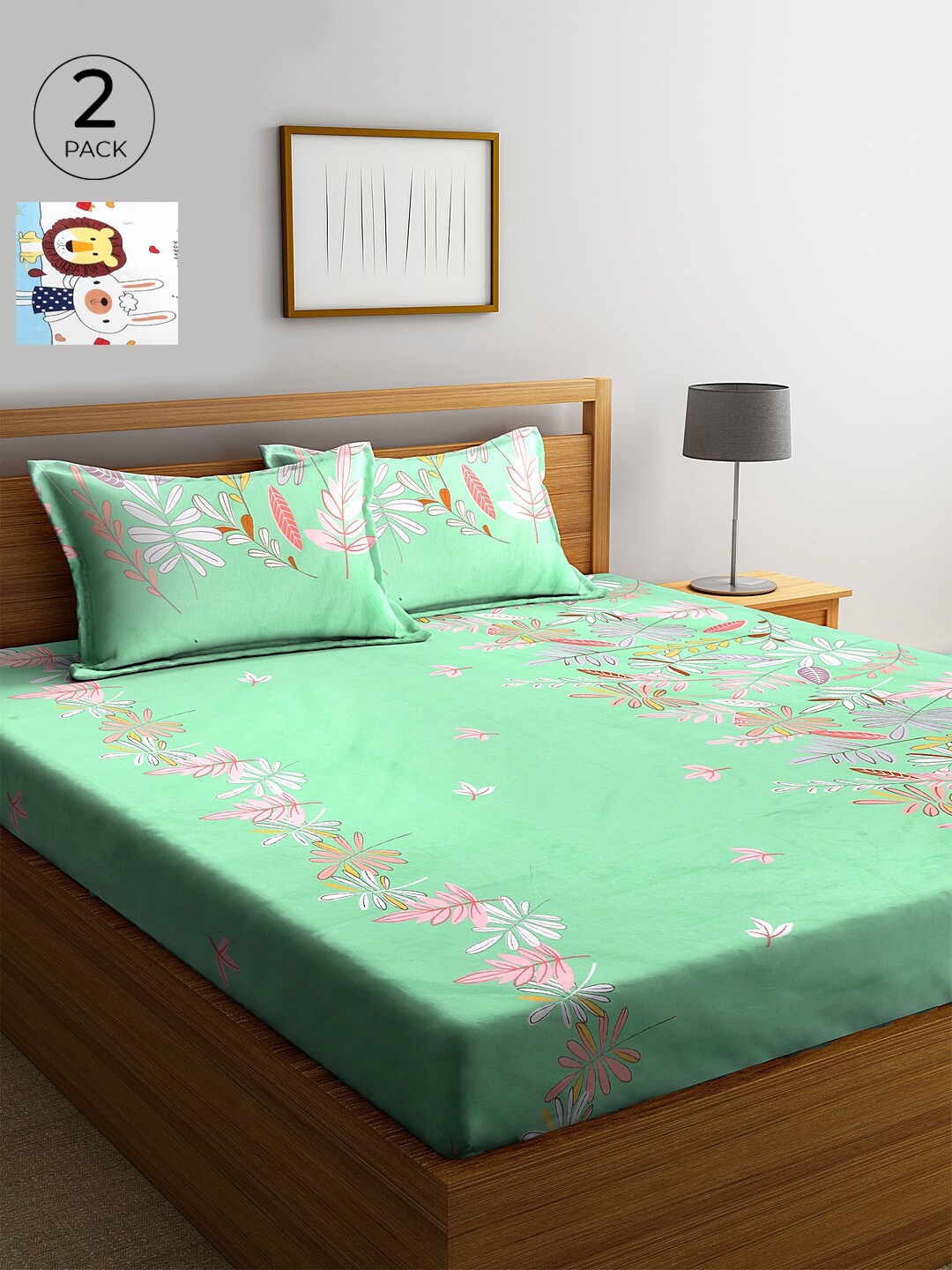 

KLOTTHE Green & Pink Floral 210 TC Cotton 2 King Bedsheet with 4 Pillow Covers