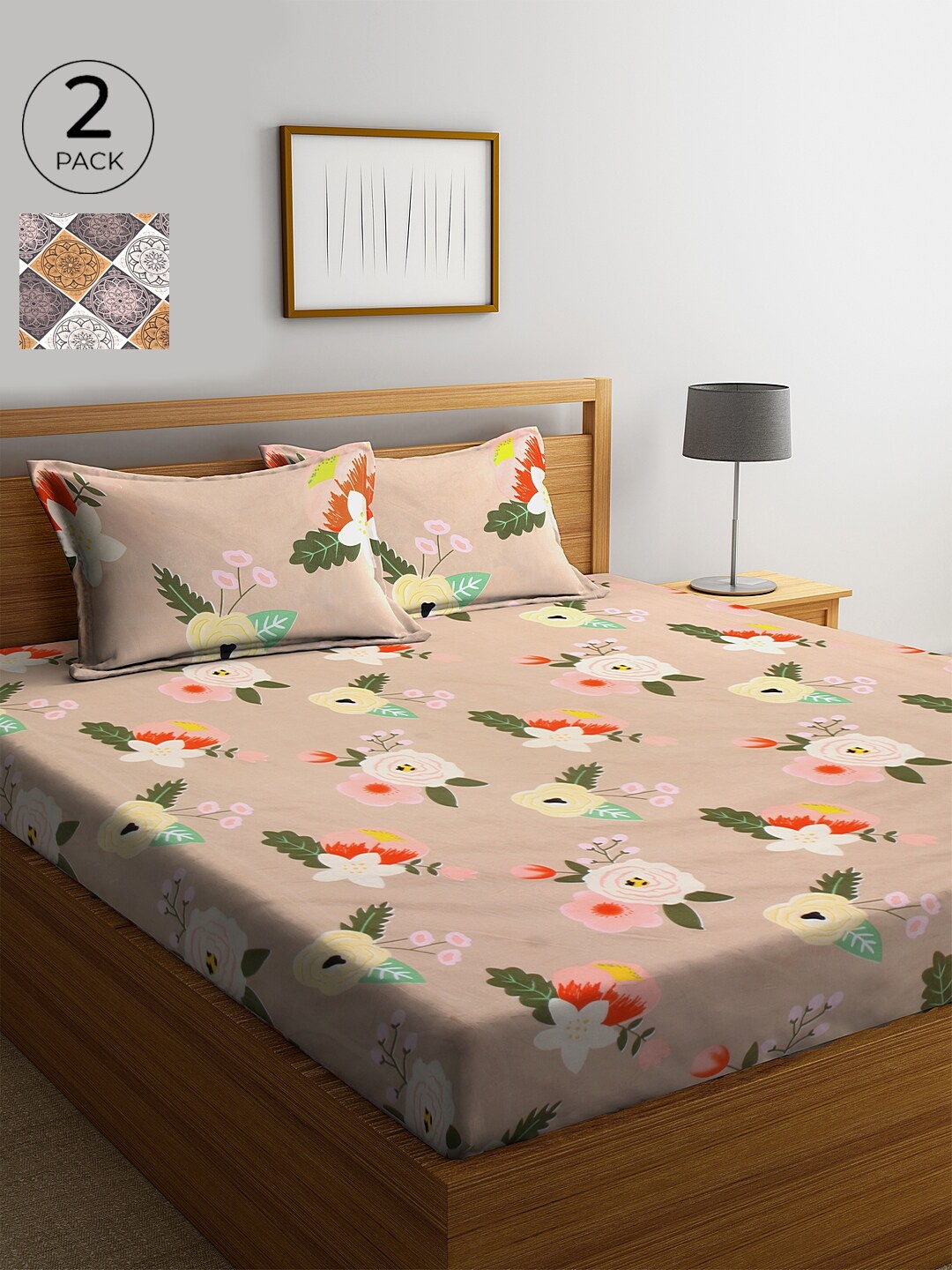 

KLOTTHE Brown Floral 210 TC Cotton 2 King Bedsheet with 4 Pillow Covers