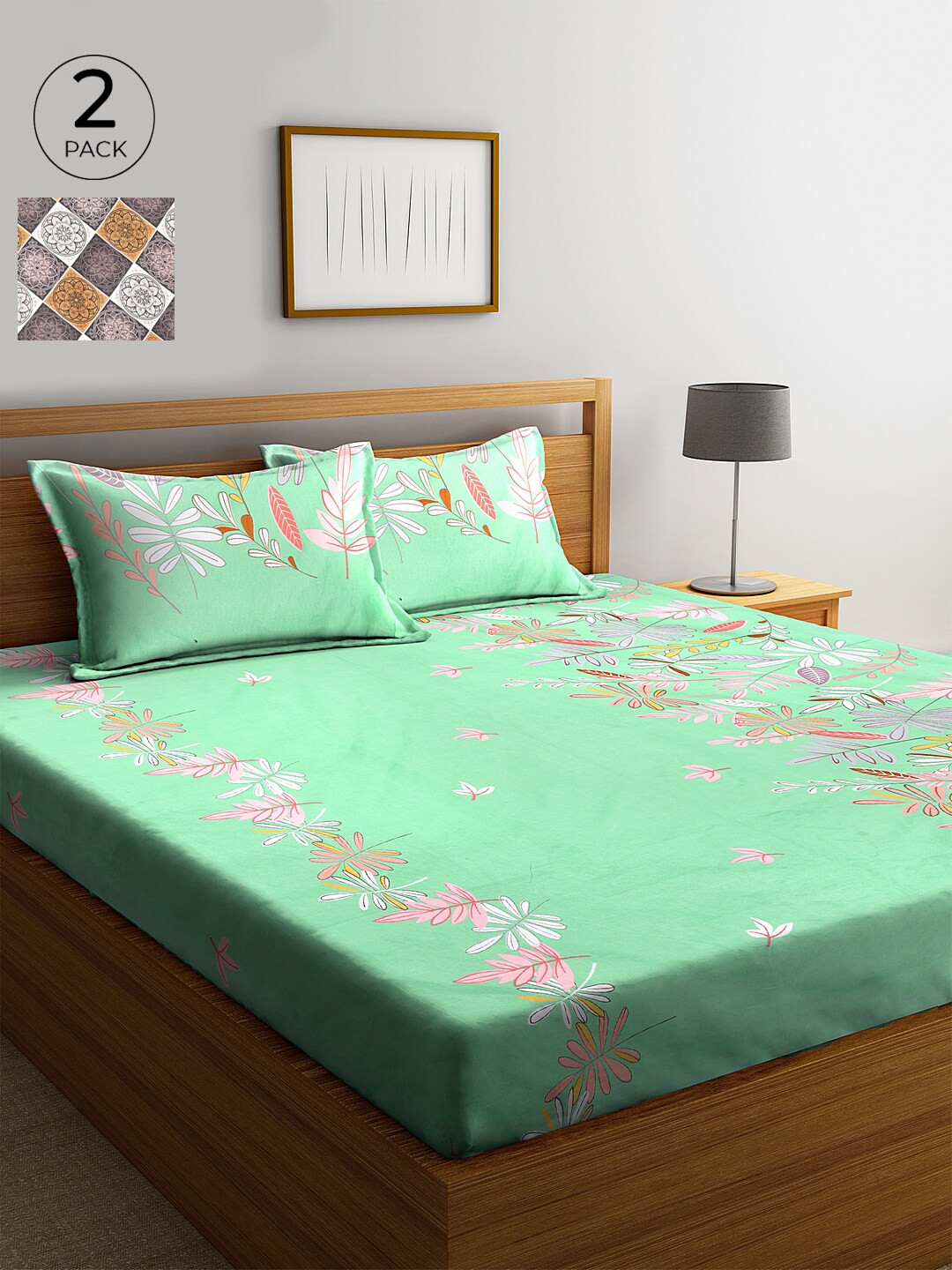 

KLOTTHE Green & Pink Floral 210 TC Cotton 2 King Bedsheet with 4 Pillow Covers