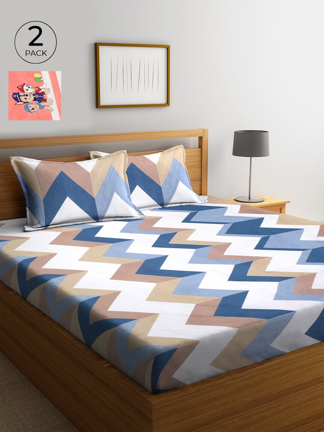 

KLOTTHE Blue & Peach-Coloured Geometric 210 TC Cotton 2 King Bedsheet with 4 Pillow Covers