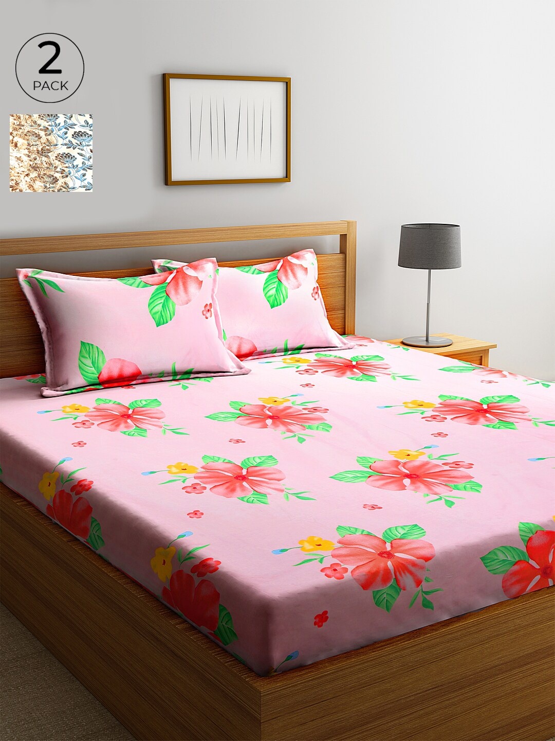 

KLOTTHE Pink & Green Floral 210 TC Cotton 2 King Bedsheet with 4 Pillow Covers