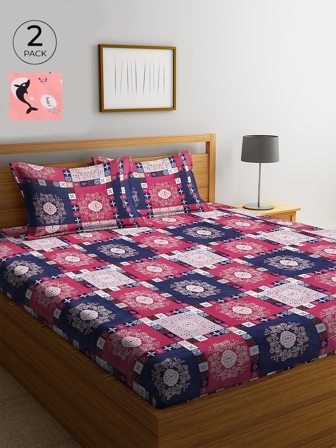 

KLOTTHE Pack of 2 Peach & White 210 TC Cotton King Bedsheets with 4 Pillow Covers