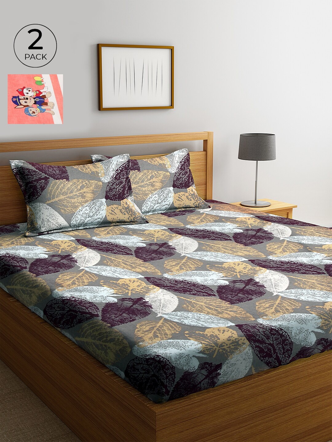 

KLOTTHE Grey & Brown Floral 210 TC Cotton 2 King Bedsheet with 4 Pillow Covers