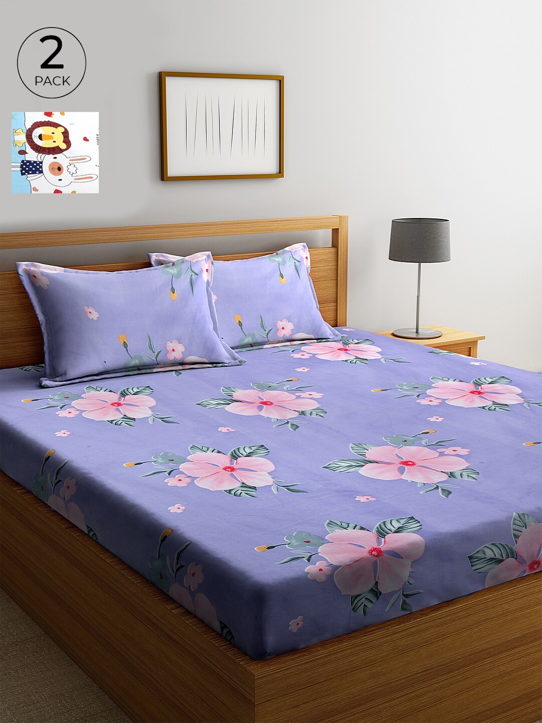 

KLOTTHE Lavender & White Floral 210 TC Cotton 2 King Bedsheet with 4 Pillow Covers