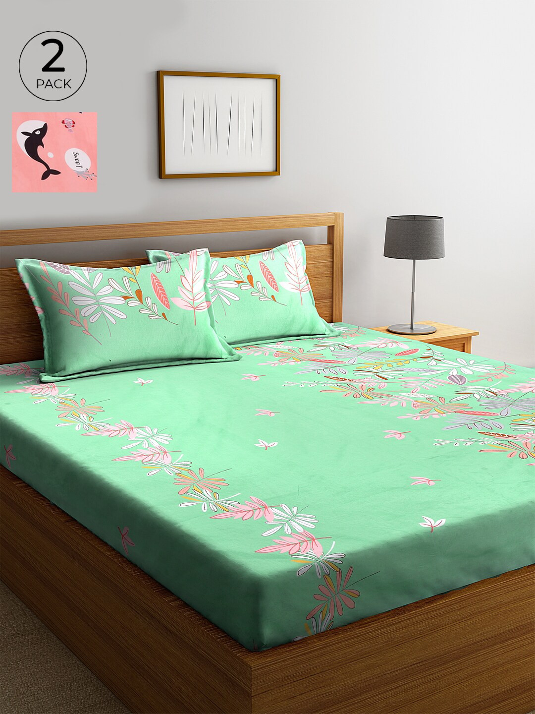 

KLOTTHE Green & White Floral 210 TC Cotton 2 King Bedsheet with 4 Pillow Covers
