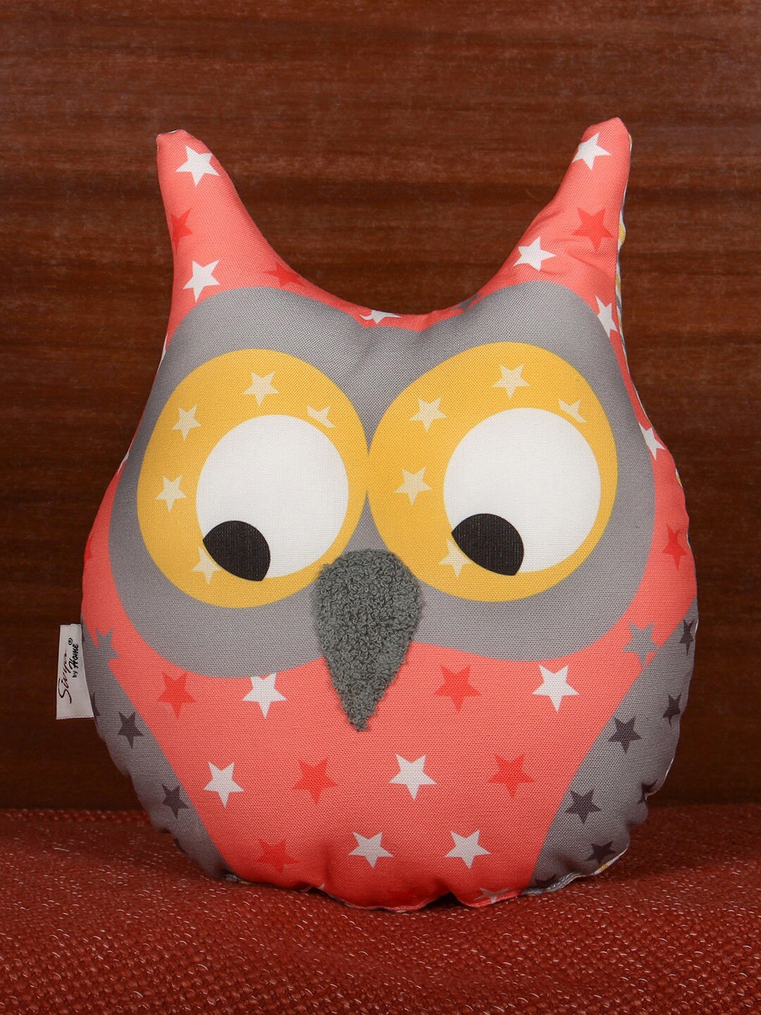 

Sivya Coral-Orange & Yellow Printed Owl-Shaped Cushion