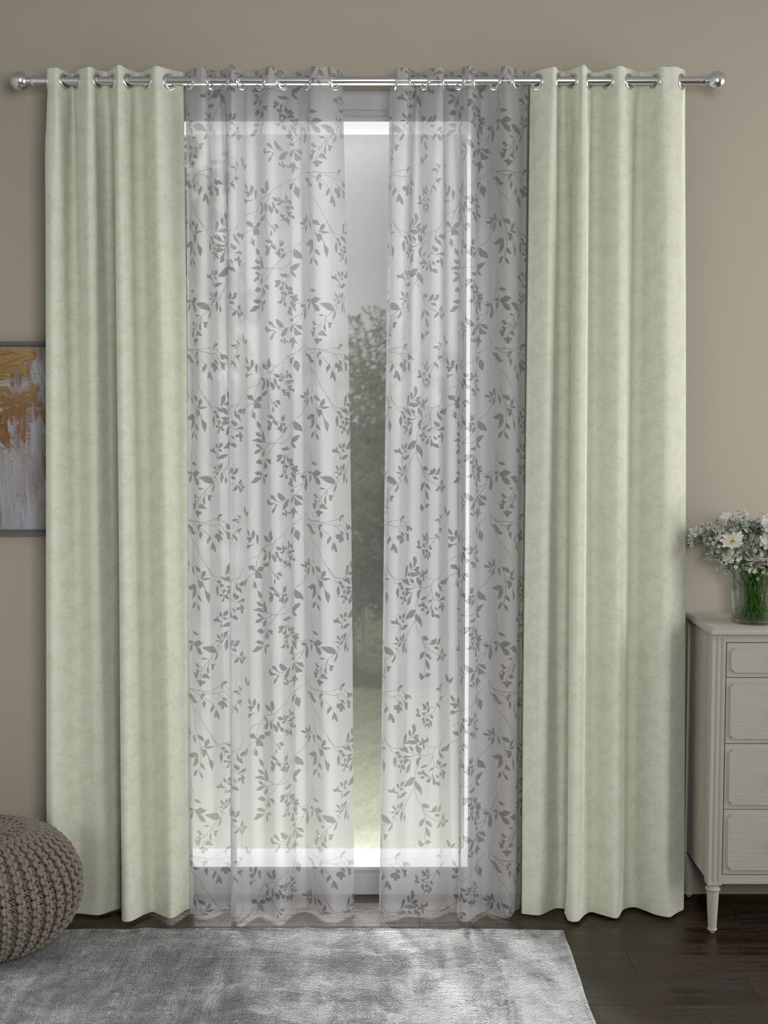 

ROSARA HOME Off-White & Green Set of 4 Regular & Sheer Jacquard Door Curtains