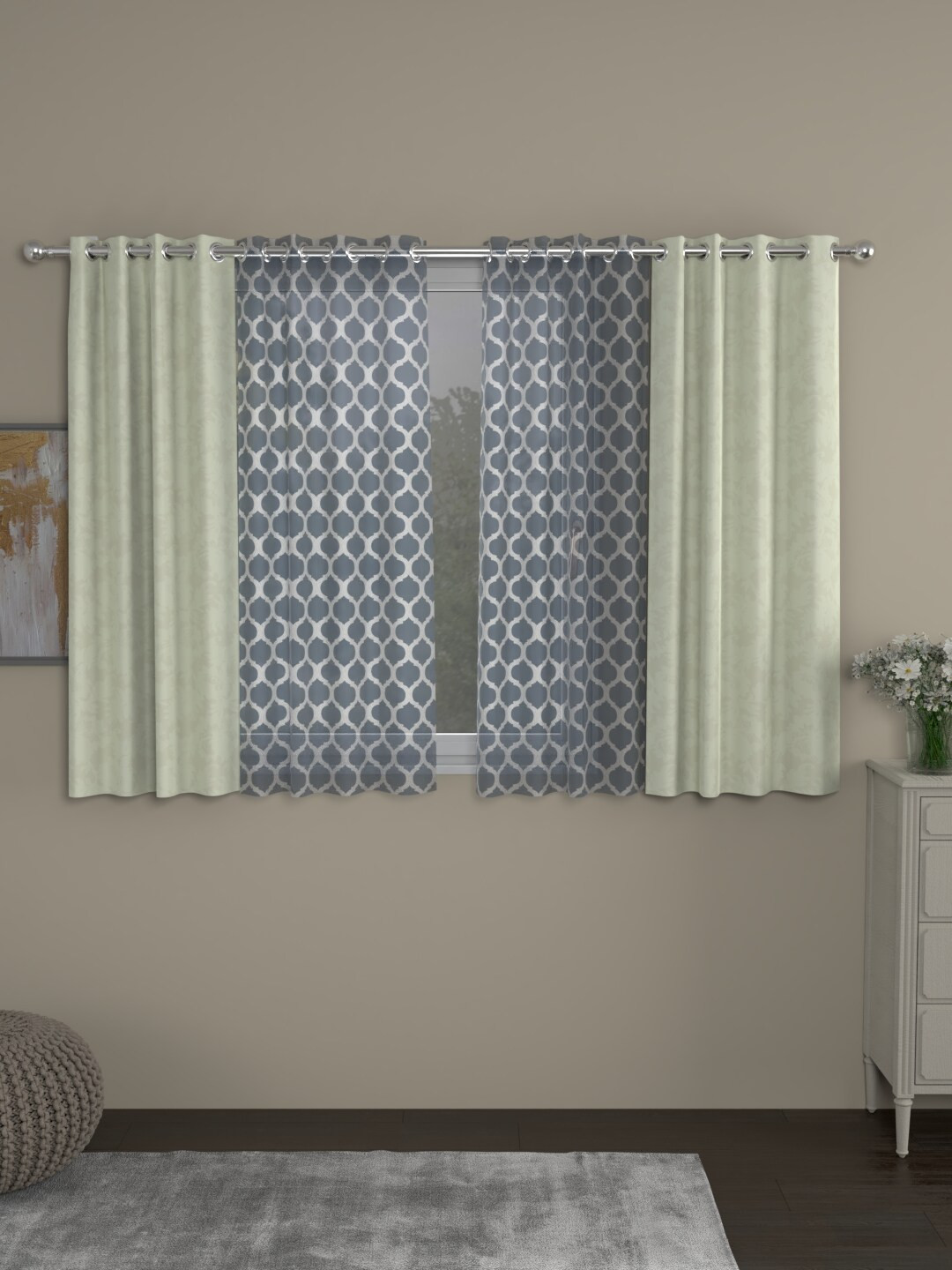 

ROSARA HOME Off-White & Grey Set of 4 Regular and Sheer Window Curtains