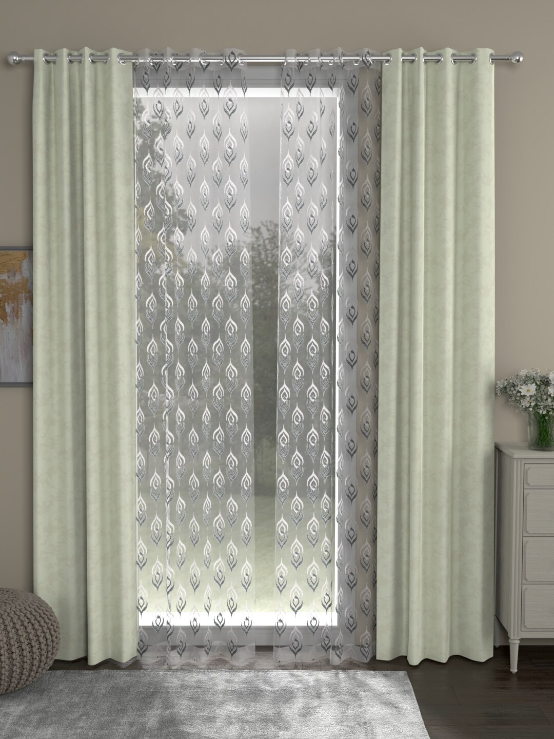 

ROSARA HOME Off-White & Grey Set of 4 Regular & Sheer Jacquard Long Door Curtains