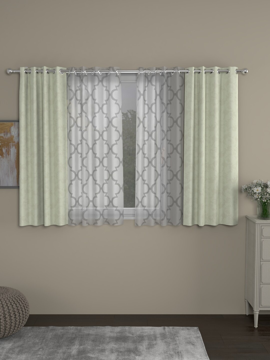 

ROSARA HOME Cream-Coloured & White Set of 4 Regular and Sheer Window Curtains