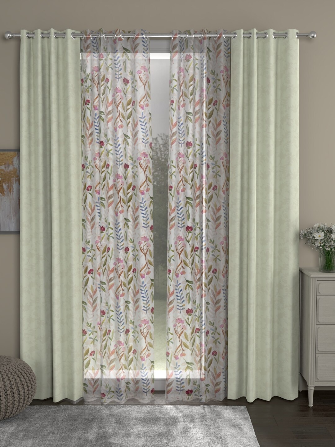 

ROSARA HOME Off-White & Pink Set of 4 Jacquard Regular and Sheer Long Door Curtains