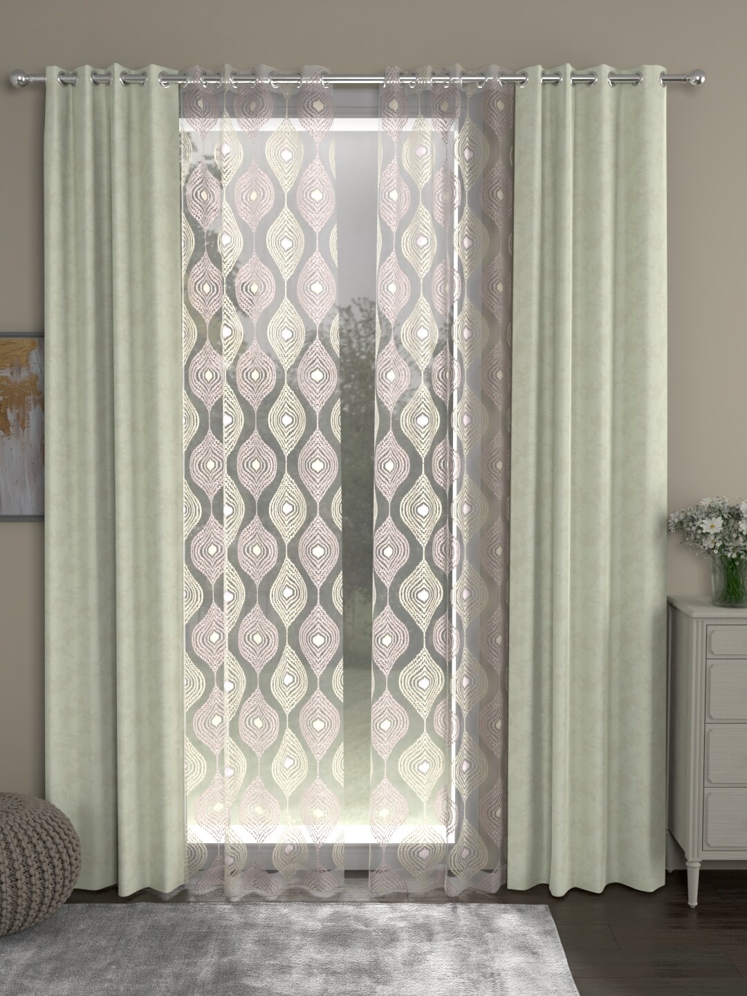 

ROSARA HOME Off-White & Green Set of 4 Door Curtains