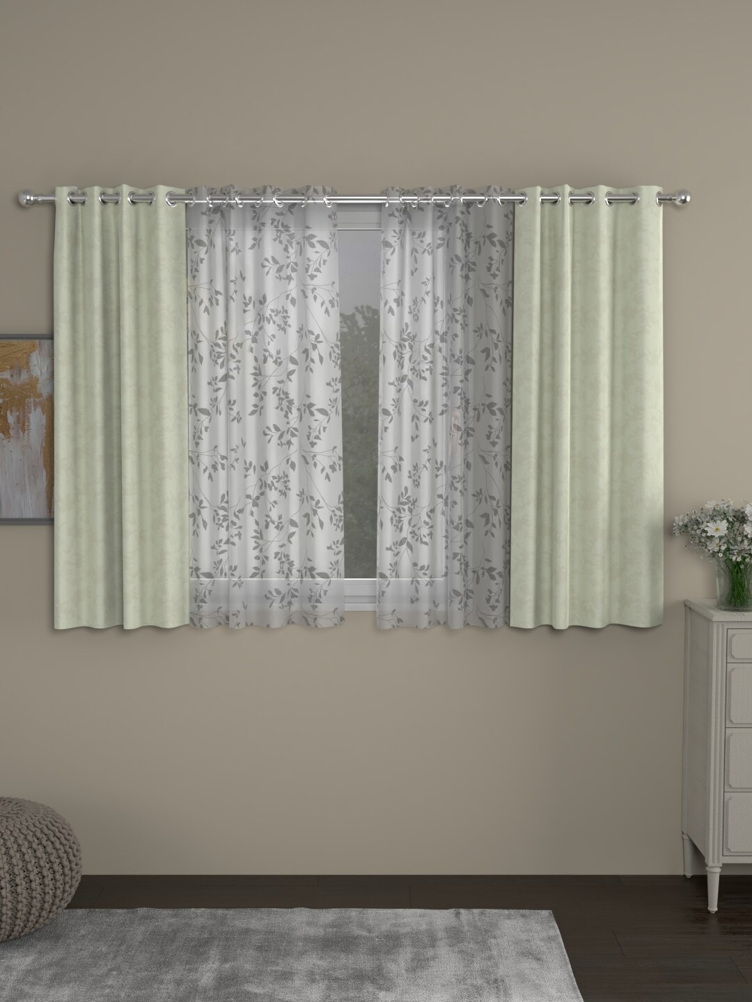 

ROSARA HOME Off-White & Grey Set of 4 Jacquard Window Curtains