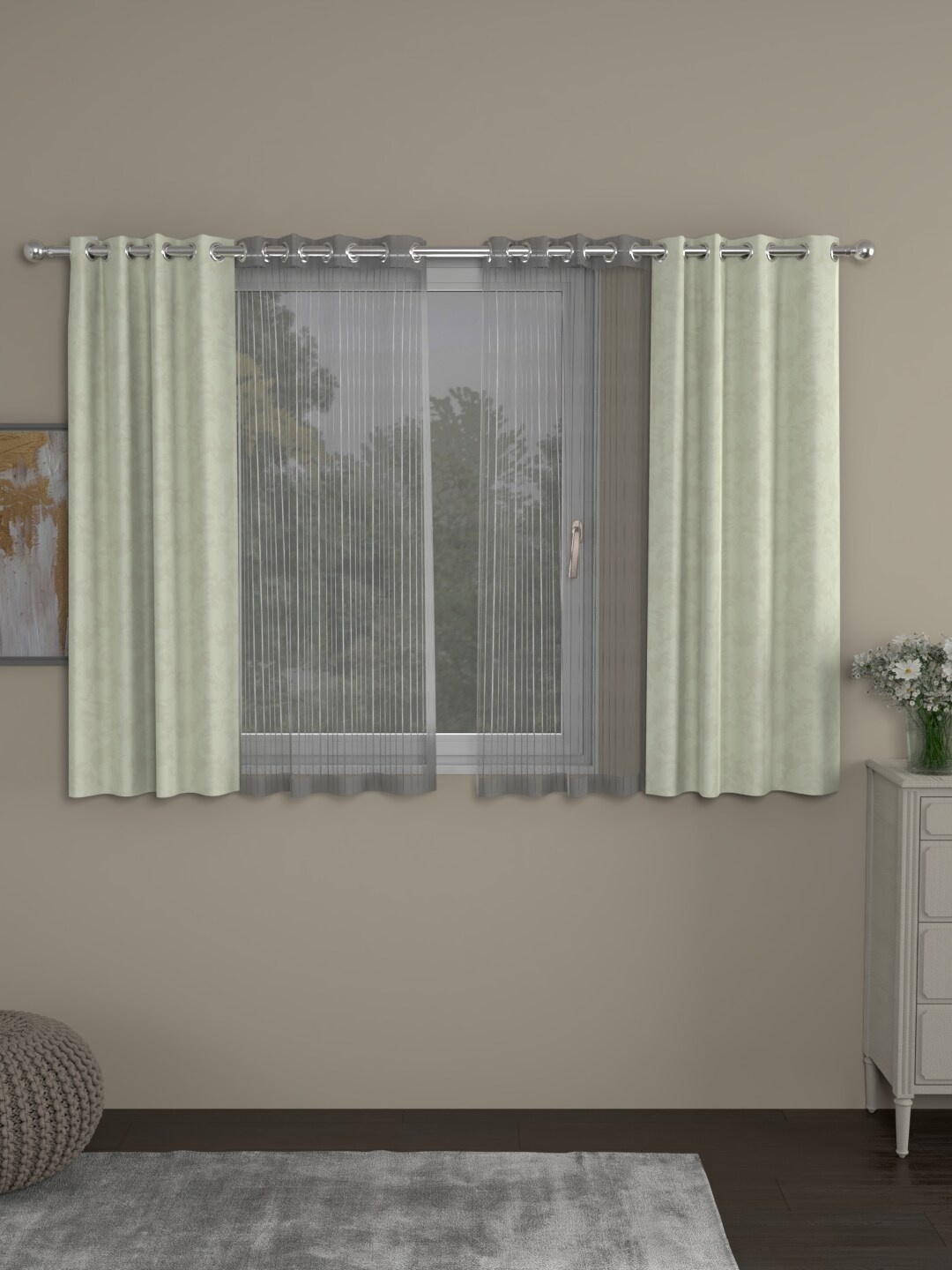 

ROSARA HOME Off-White & Transparent Set of 4 Jaquard Regular and Sheer Window Curtains