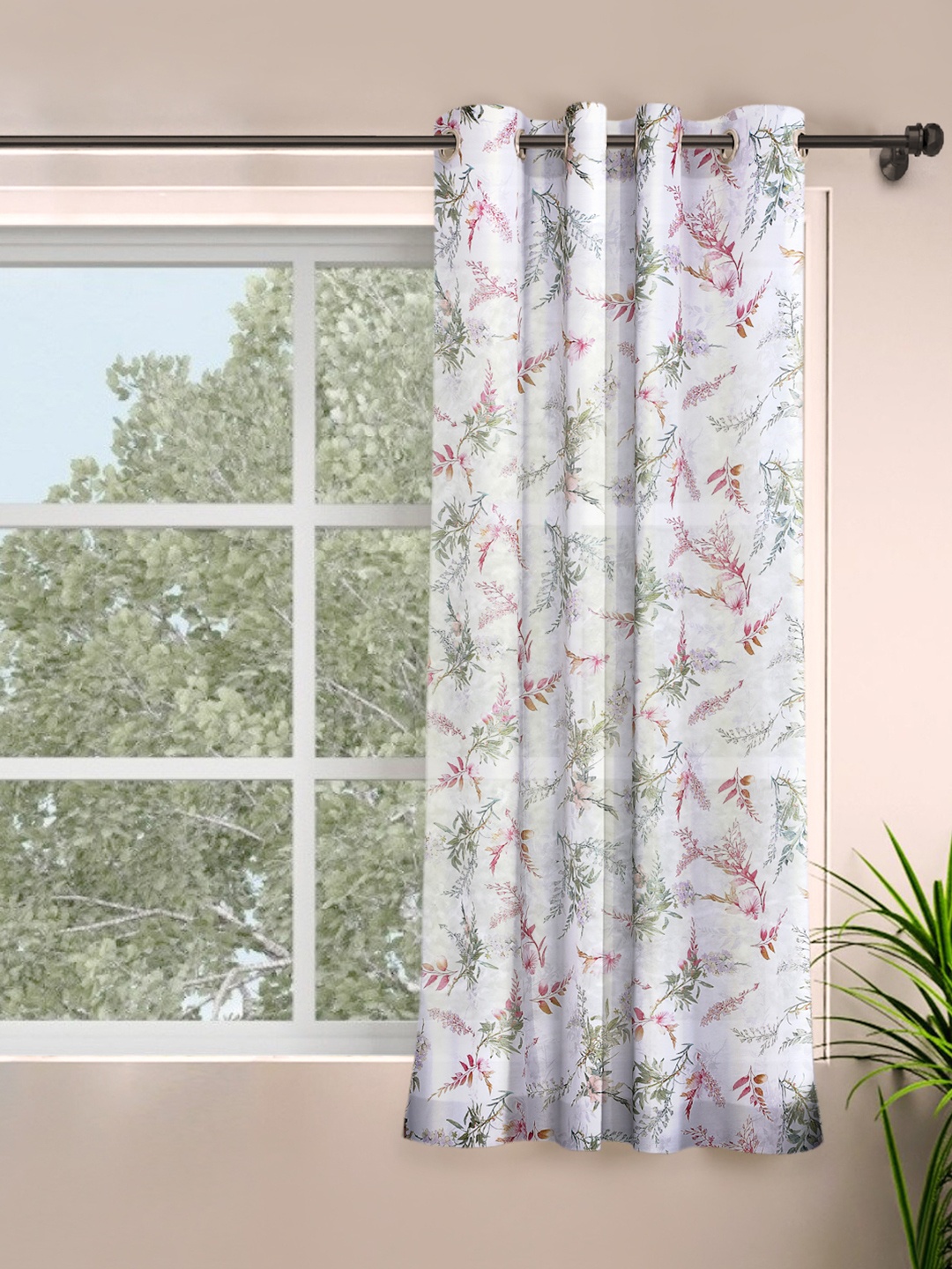 

ROSARA HOME White & Pink Single Sheer Window Curtain