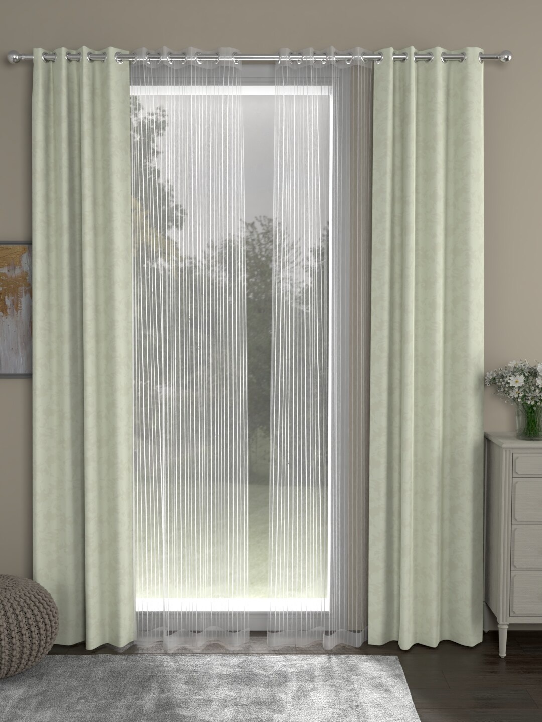 

ROSARA HOME Off-White & Green Set of 4 Regular and Sheer Long Door Curtains