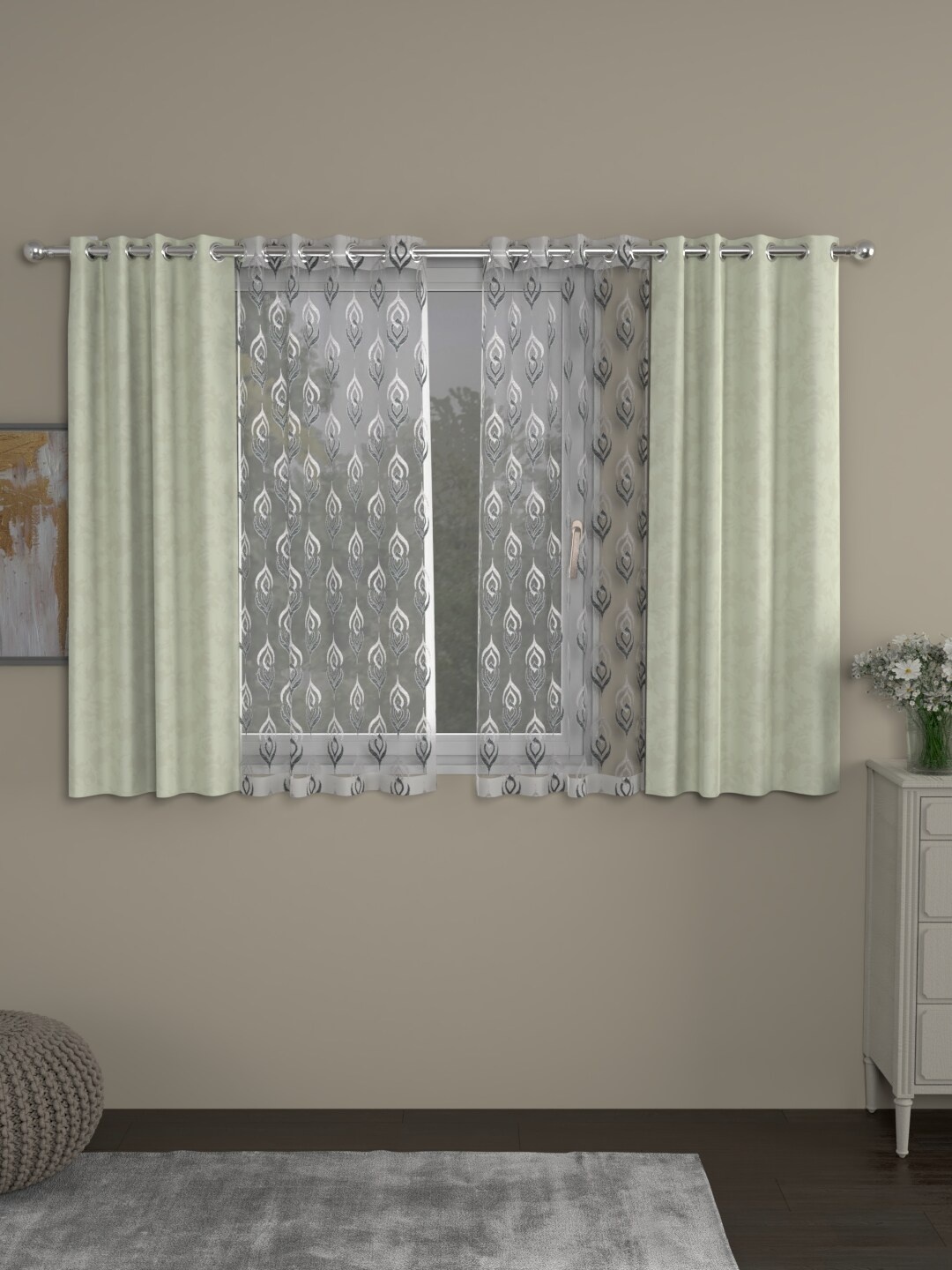 

ROSARA HOME Off-White & Grey Set of 4 Regular and Sheer Window Curtains