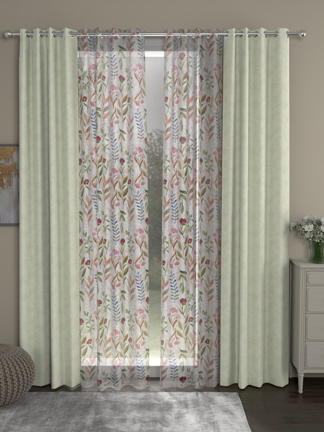 

ROSARA HOME Off-White & Pink Set of 4 Regular & Sheer Door Curtains