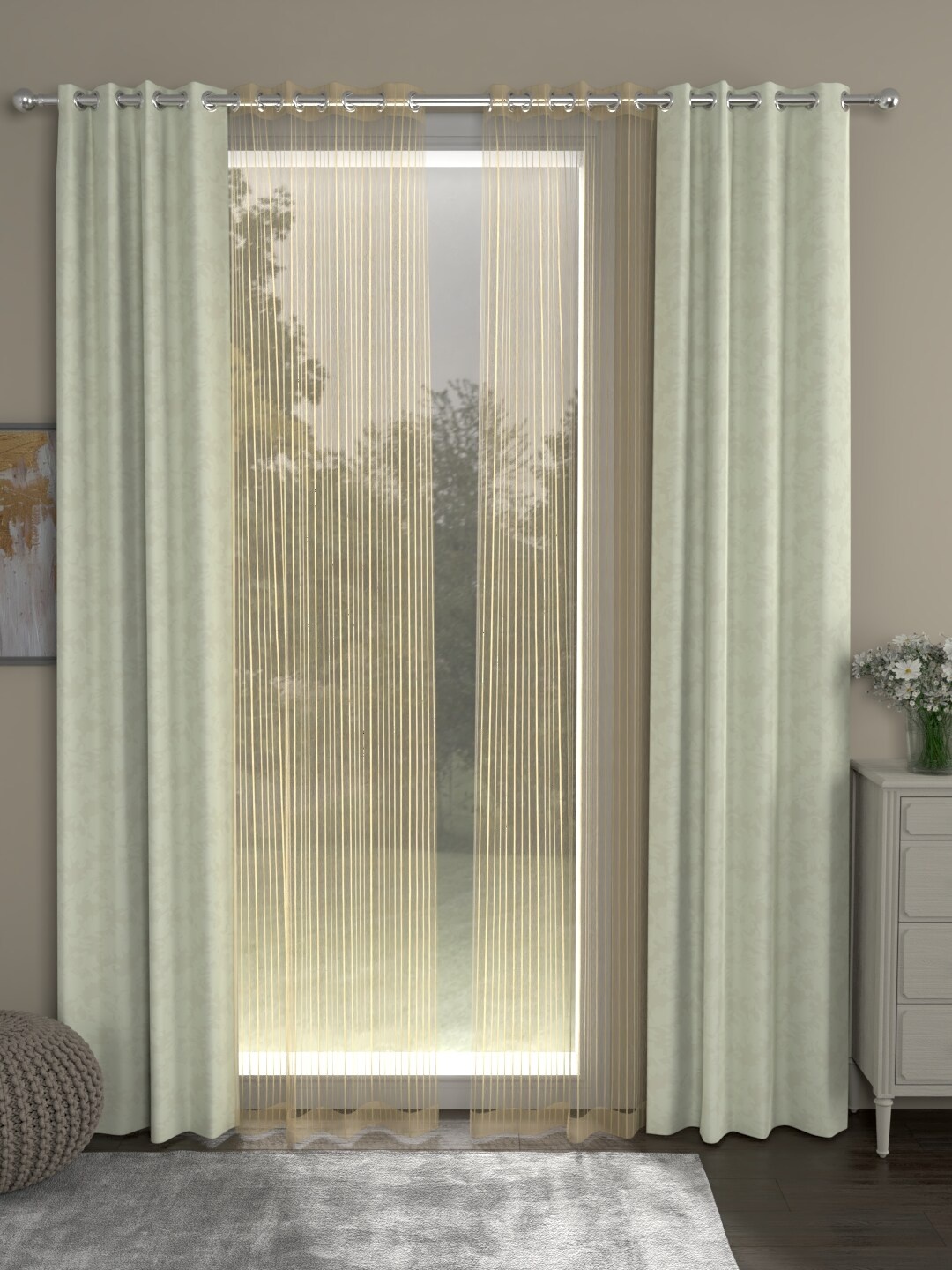 

ROSARA HOME Off-White & Gold-Toned Set of 4 Jacquard Regular & Sheer Long Door Curtains