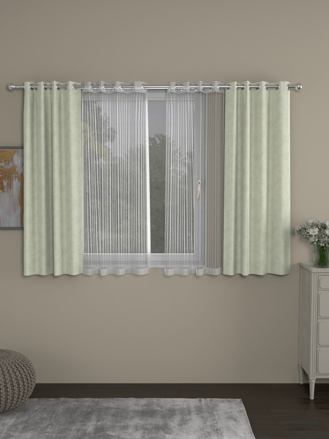 

ROSARA HOME Off-White & Cream-Coloured Set of 4 Regular and Sheer Window Curtains