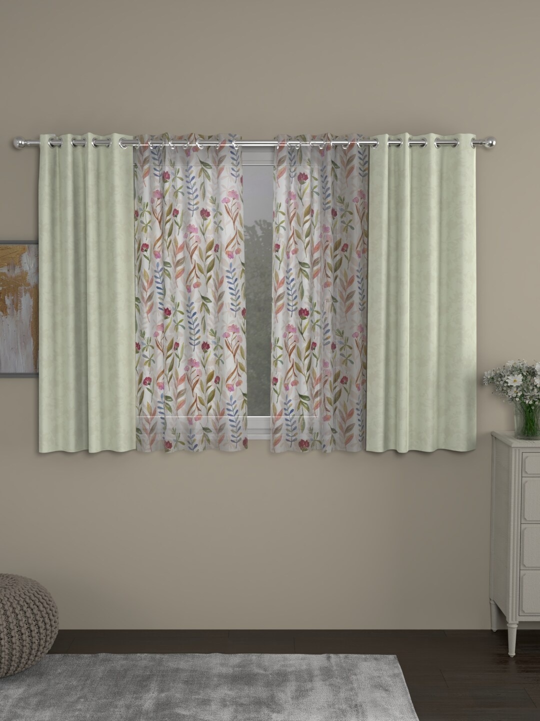 

ROSARA HOME Cream-Coloured & White Set of 4 Regular & Sheer Window Curtains