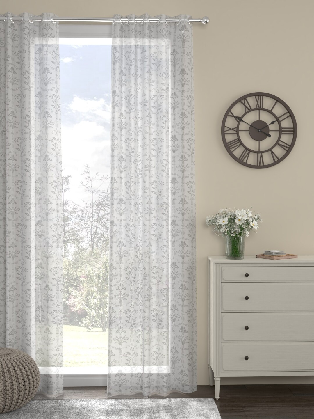 

ROSARA HOME White & Grey Single Sheer Long Door Curtain