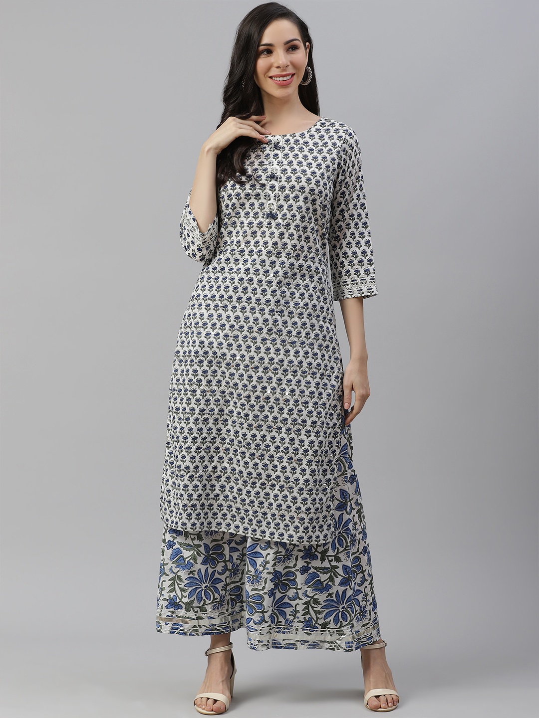 

Divena Women White & Navy Pure Cotton Ethnic Motifs Print Kurta with Palazzos