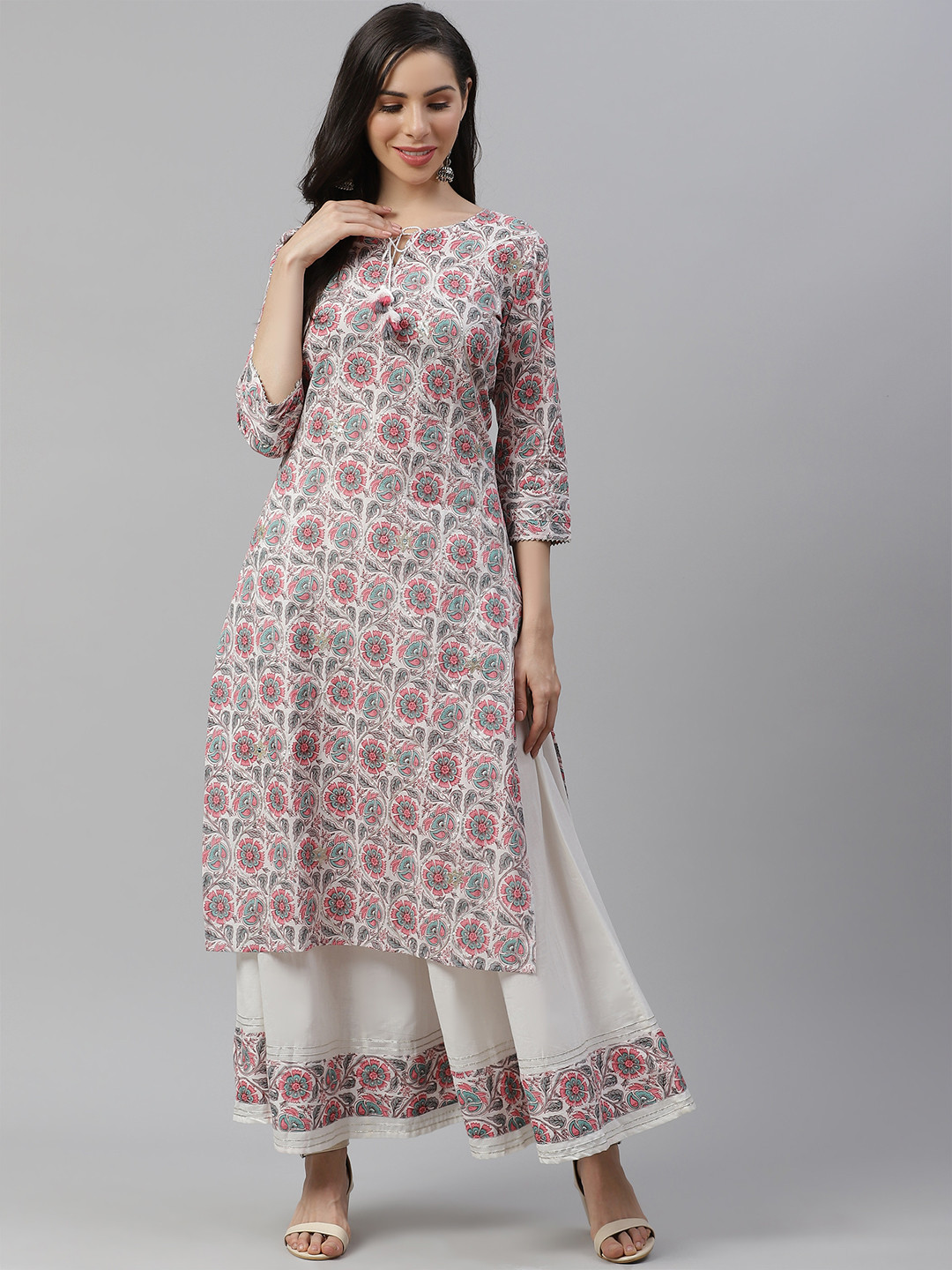 

Divena Women Off White & Pink Pure Cotton Ethnic Motifs Print Kurta with Palazzos