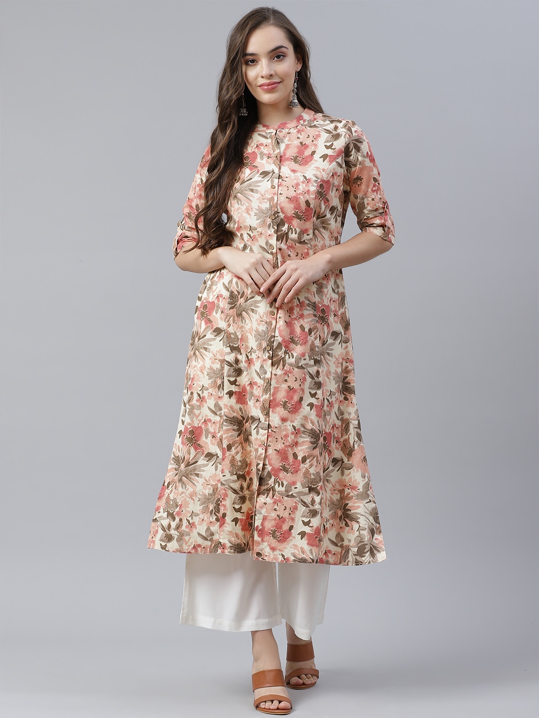Divena Women Cream-Coloured & Pink Cotton Floral Printed Kurta
