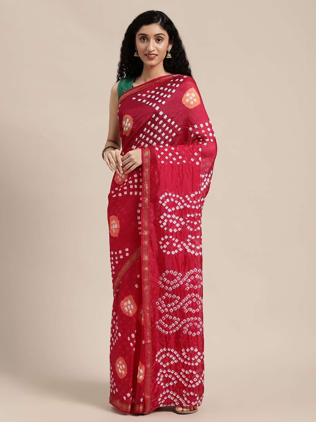 

Geroo Jaipur Magenta Pink Bandhani Art Silk Ready to Wear Bandhani Saree