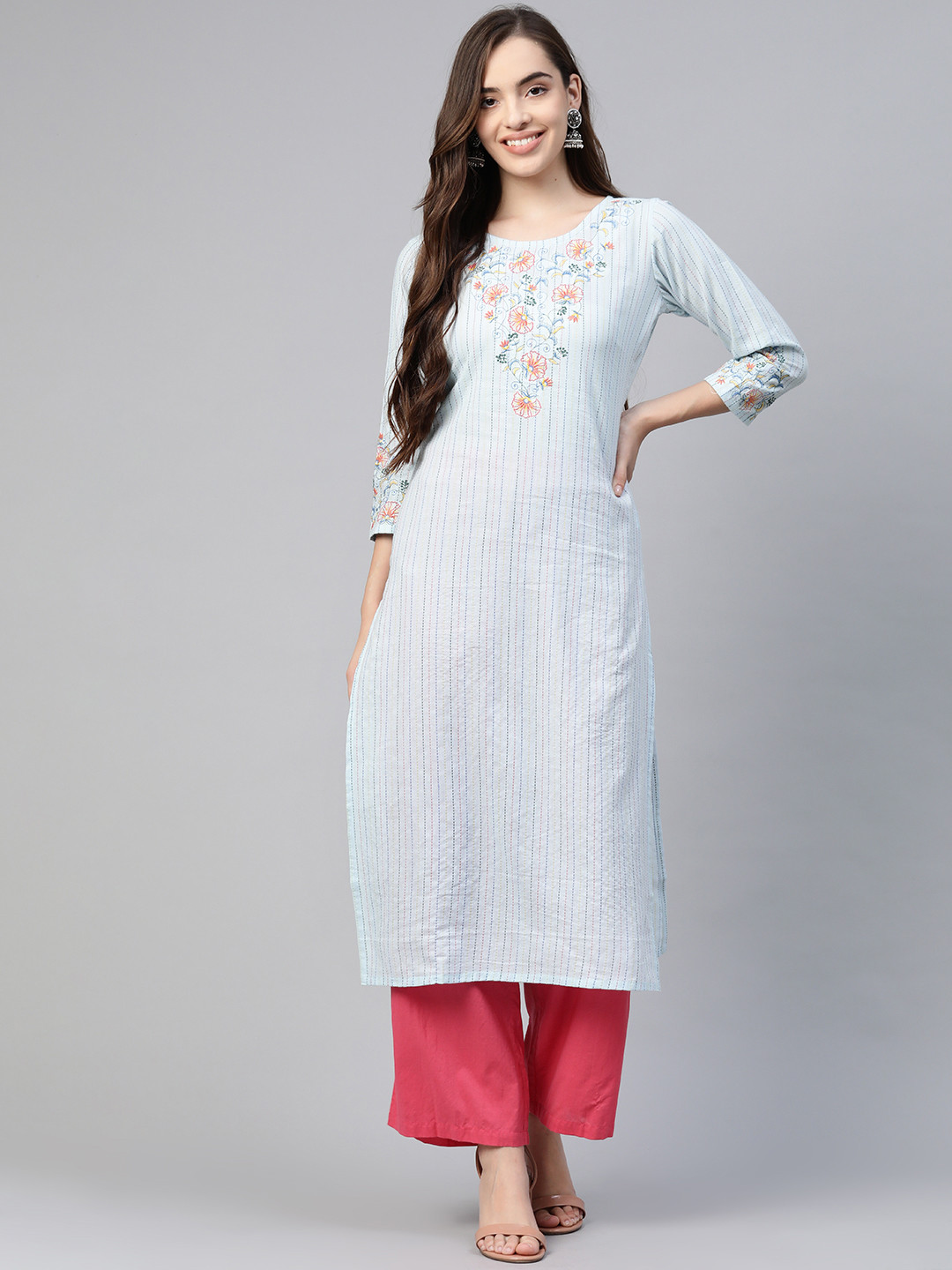

Yufta Women Blue Striped Thread Work Straight Kurta