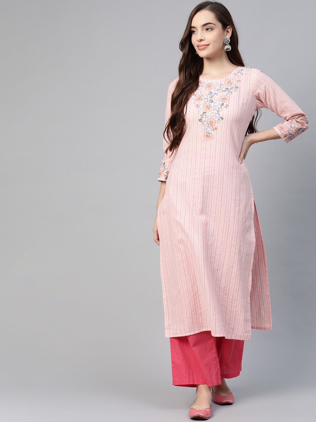 

Yufta Women Pink Striped Thread Work Straight Kurta