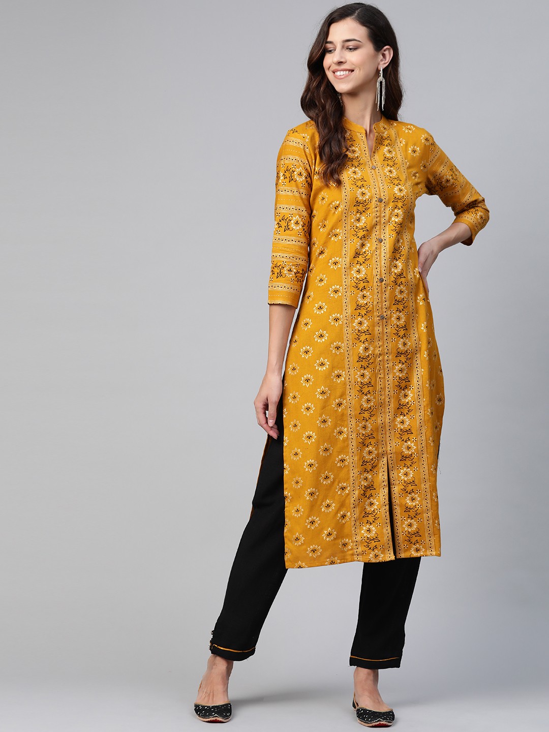 

Yufta Women Mustard Yellow & Black Ethnic Motifs Printed Pure Cotton Kurta with Trousers