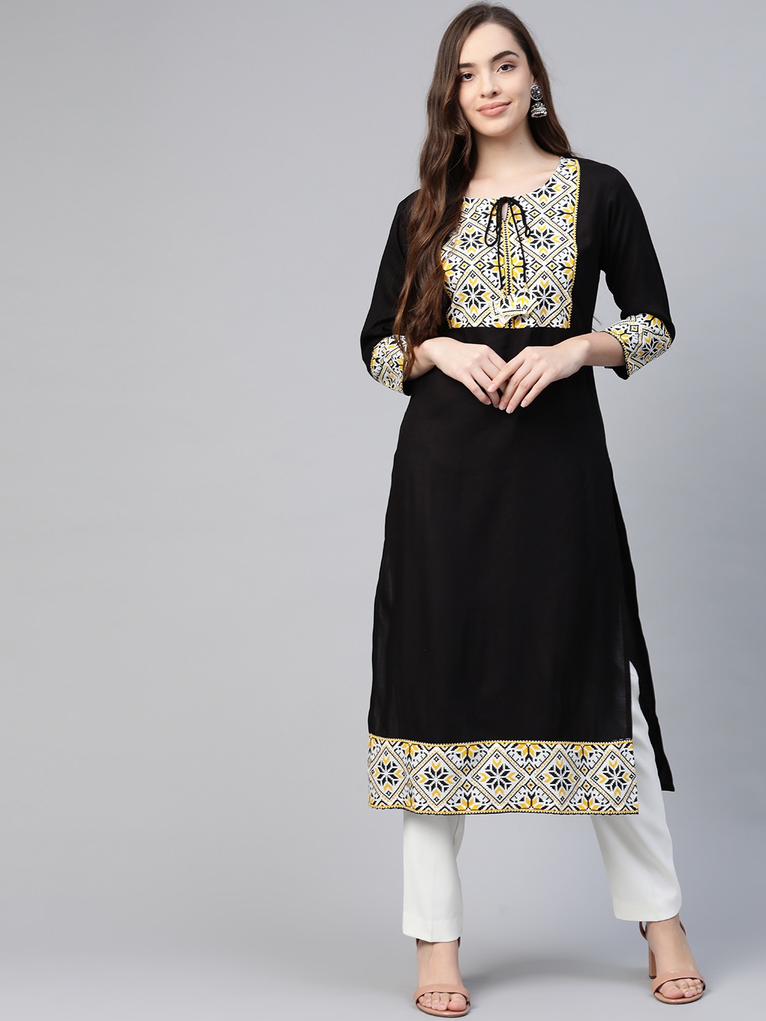 

Yufta Women Black & Yellow Geometric Yoke Design Straight Kurta