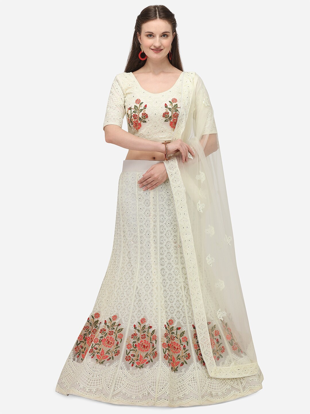 

JATRIQQ Off-White & Red Embroidered Semi-Stitched Lehenga & Unstitched Blouse with Dupatta