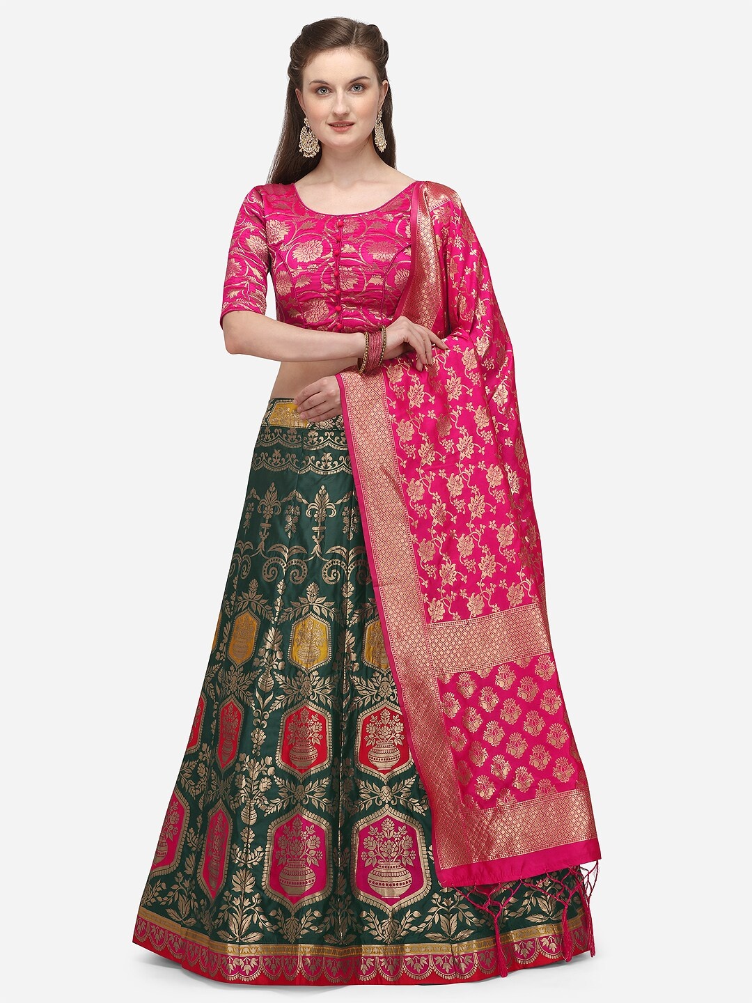 

JATRIQQ Green & Pink Woven Design Semi-Stitched Lehenga & Unstitched Blouse with Dupatta