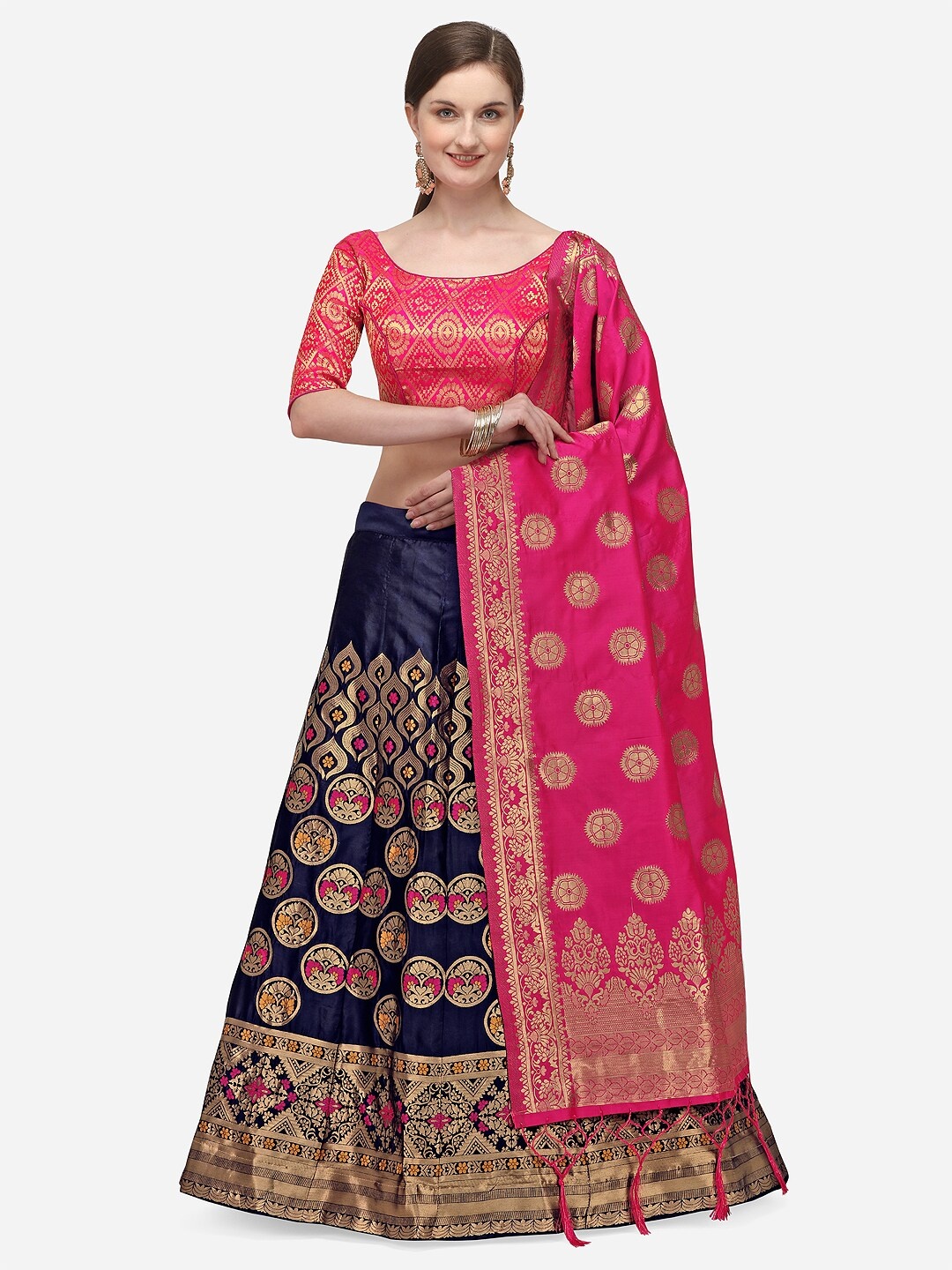 

JATRIQQ Blue & Pink Woven Design Semi-Stitched Lehenga & Unstitched Blouse with Dupatta