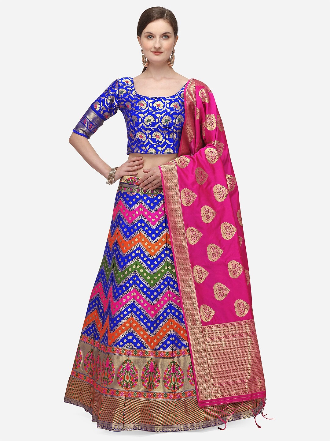 

JATRIQQ Blue & Pink Woven Design Semi-Stitched Lehenga & Unstitched Blouse with Dupatta